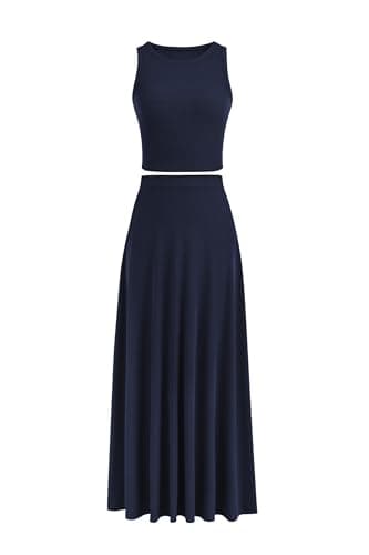 PRETTYGARDEN Women's 2 Piece Maxi Skirt Sets Casual Summer Knit Cropped Tank Top High Waisted Long Skirts Outfit (Navy,Small) - Image 1