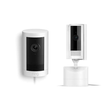 All-new Ring Outdoor Cam Plus Plug-In, White with Ring Pan-Tilt Indoor Cam, White - Image 1