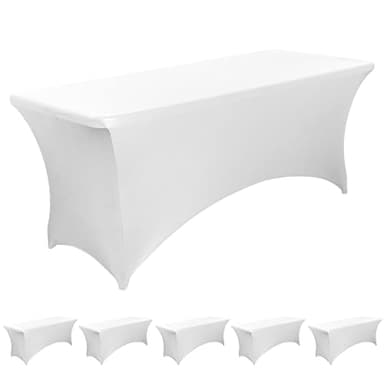 BIFENBI 6FT White Fitted Tablecloths for Rectangle Tables, 6 Pcs - Stretch Spandex Table Cover Protector for Banquet, Massage Bed, Wedding, Birthday, 72 Length x 30 Width x 30 Height Inches - Image 1