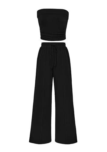 PRETTYGARDEN Womens Summer Outfits 2 Piece Sets Casual Ribbed Knit Crop Tube Top Wide Leg Pants Spring Matching Lounge Set(Black,Medium) - Image 1