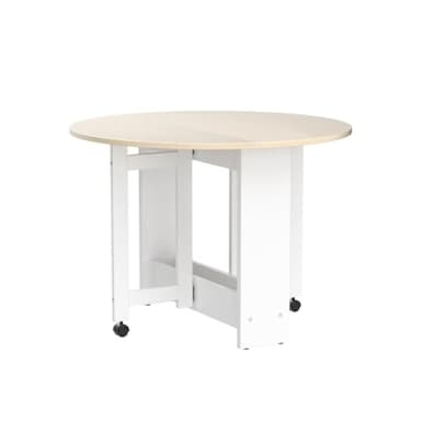 Kasshom Round Drop-Leaf Folding Dining Table, Multifunctional Convertible Dining Room Table for Kitchen/Farmhouse/Living Room, Space Saving Extendable Table with Storage Box and Wheels, Oak - Image 4