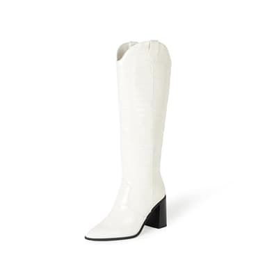 The Drop Women's Cassandra Knee-High Western Boot, Ivory Croc, 7 - Image 1
