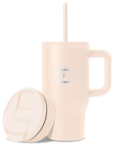 IRON °FLASK Co-Pilot Insulated Mug w/Straw & Flip Cap Lids - Cup Holder Bottle for Hot, Cold Drink - Leak-Proof - Water, Coffee Portable Travel Mug - Sand, 16 Oz - Image 1