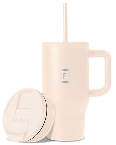 IRON °FLASK Co-Pilot Insulated Mug w/Straw & Flip Cap Lids - Cup Holder Bottle for Hot, Cold Drink - Leak-Proof - Water, Coffee Portable Travel Mug - Sand, 16 Oz - Image 1