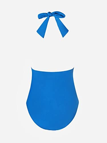 CUPSHE Women Swimsuit One Piece Bathing Suit V Neck Halter Ruched Tummy Control Backless, M Azure Blue - Image 5
