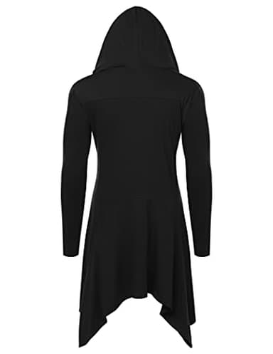COOFANDY Men's Long Hooded Cardigan Ruffle Shawl Collar Open Front Lightweight Drape Cape Overcoat Pockets, Black, Large - Image 3