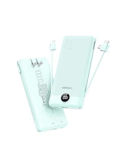 VEGER Portable Charger for iPhone with Built in Cables and Wall Plug, 10000mah Slim Fast Charging USB C Power Bank, Travel Essential Battery Pack Compatible with iPhone, iPad, Samsung etc(Green) - Image 1