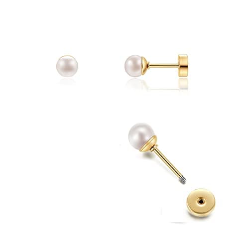 14K Gold Screw Back Pearl Stud Earrings for Women,Flat Back Pearl Cartilage Earrings Helix Earrings Hypoallergenic 316L Surgical Steel Piercing Jewelry Gift for Toddlers (5mm Pearl, Gold) - Image 1