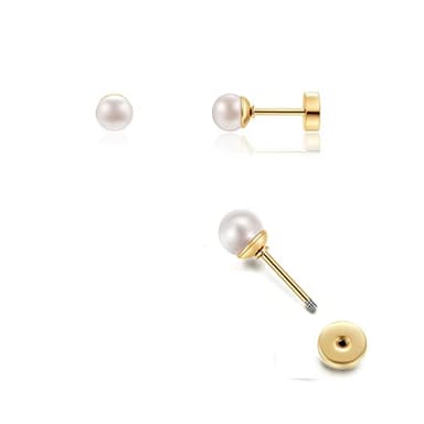 14K Gold Screw Back Pearl Stud Earrings for Women,Flat Back Pearl Cartilage Earrings Helix Earrings Hypoallergenic 316L Surgical Steel Piercing Jewelry Gift for Toddlers (5mm Pearl, Gold) - Image 1