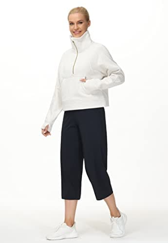 THE GYM PEOPLE Women's Half Zip Pullover Sweatshirt Fleece Stand Collar Crop Sweatshirt with Pockets Thumb Hole Off-white - Image 6