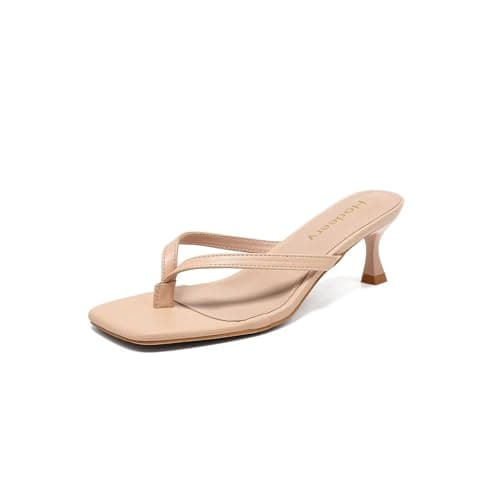 Hodeery Women's Kitten Heels Thong Sandals Open Square Toe Flip Flop Low Heels 2.5 Inch Slip On Sexy Women Dressy Slide Shoes for Casual Nude 10 - Image 1