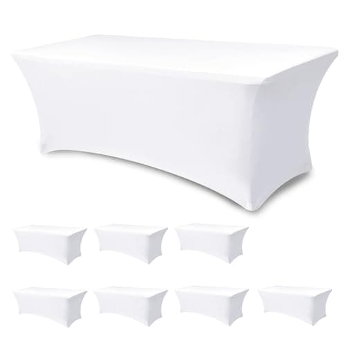 Enjoyidea Table Cover for 6 foot Rectangle Tables-8 Pack White Fitted Stretch Tablecloth-Elastic Spandex 6ft Folding Tablecloths for Party, Vendor Booth Display, Banquet Buffet Event, Craft Trade Show - Image 1