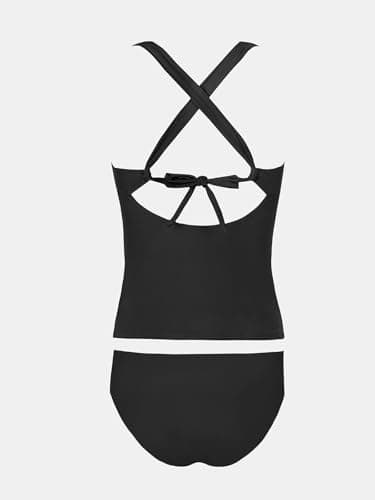 CUPSHE Women's Tankini Set Two Piece Swimsuit Mid Rise V Neck Crisscross Adjustable Straps Cutout Ruched, L Black - Image 7