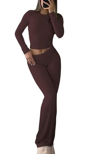 Women's 2 Piece Casual Outfits Pajama Slim Fit Long Sleeve Top Fold-Over Bell Bottoms Cotton Jersey Set Coffee - Image 1
