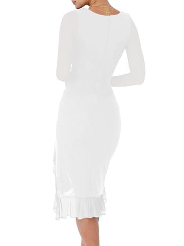 BORIFLORS Women's Sexy Ruched Bodycon Midi Dresses Elegant Mesh Long Sleeve Square Neck Ruffle Hem Cocktail Party Dress, Medium, White - Image 2