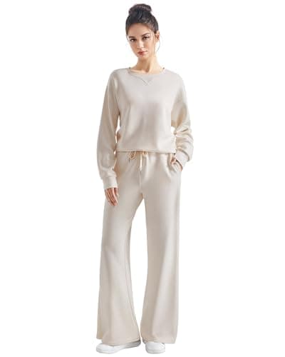 SUUKSESS Women Modal 2 piece outfits Oversized Sweatshirt Fall Lounge Set Wide Leg Pants Matching Sets (Apricot,M) - Image 1