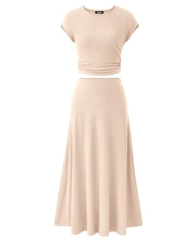 BTFBM Women Two Piece Skirt Set Summer 2025 Casual Vacation Crew Neck Short Sleeve Cropped Top Elastic Waist Midi Skirts(Beige, Large) - Image 1
