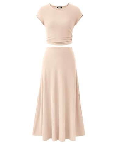 BTFBM Women Two Piece Skirt Set Summer 2025 Casual Vacation Crew Neck Short Sleeve Cropped Top Elastic Waist Midi Skirts(Beige, Large) - Image 1