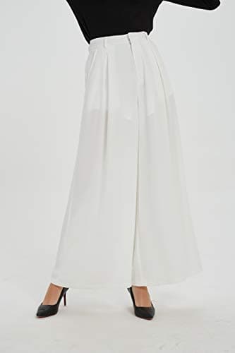 Tronjori Women High Waist Casual Wide Leg Long Palazzo Pants Trousers Regular Size(L,Ivory White) - Image 4