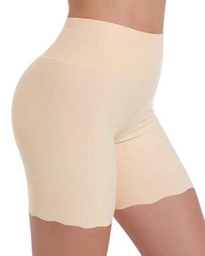 Blueinn High-Waisted Slip Shorts for Under Dresses Women Anti Chafing Cooling Shorts Boyshorts with Scalloped Bottom L Beige - Image 1