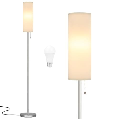 Ambimall Floor Lamp for Living Room with 3 Color Temperatures Bulb, 64" Standing lamp with Linen lampshade for Bedroom, Minimalist Pole Lamp, White Shade & Silver Pole - Image 1
