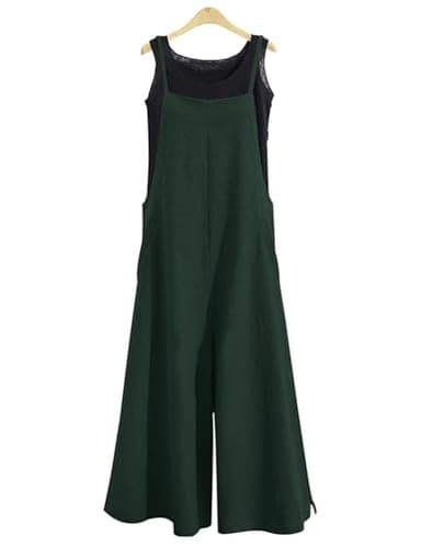 YESNO Women Casual Loose Long Bib Pants Wide Leg Jumpsuits Baggy Cotton Rompers Overalls with Pockets (2XL PZZTYP2 Blackish Green) - Image 2