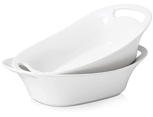 DOWAN Large Serving Bowls with Handles, 60 OZ Oval Serving Platter for Turkey, Fruit Salad Serving Dishes for Entertaining, Porcelain Pasta Bowls for Thanksgiving Day, Parties, Set of 2, Soft White - Image 1