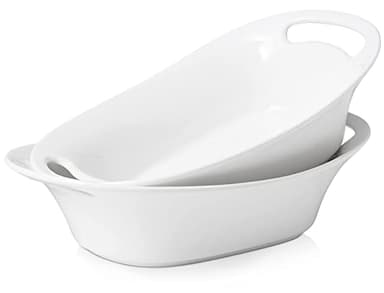DOWAN Large Serving Bowls with Handles, 60 OZ Oval Serving Platter for Turkey, Fruit Salad Serving Dishes for Entertaining, Porcelain Pasta Bowls for Thanksgiving Day, Parties, Set of 2, Soft White - Image 1