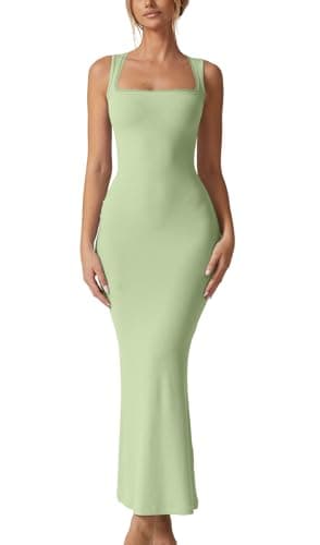 QINSEN Women's Square Neck with Lace Detail Long Maxi Dress Sleeveless Lounge Ribbed Full Length Dresses Green S - Image 1