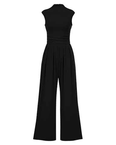 KIRUNDO Black Jumpsuit for Women Dressy Cap Sleeve Summer One Piece Outfits 2025 Spring Formal Mock Neck Wide Leg Romper Jumper (Black, Large) - Image 1