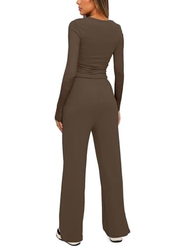 Darong Womens 2 Piece Sets Fall Outfits 2025 Fashion Two Piece Lounge Matching Set T Shirts Long Pants Tracksuit 9065A Khaki S - Image 2