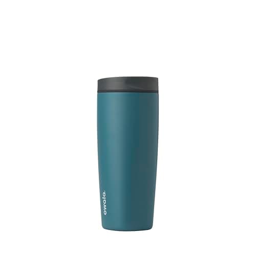 Owala SmoothSip Slider Insulated Stainless Steel Coffee Tumbler, Reusable Iced Coffee Cup, Hot Coffee Travel Mug, BPA Free 20 oz, Grey/Blue (High Dive) - Image 1