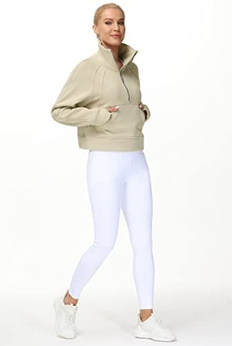 THE GYM PEOPLE Women's Half Zip Pullover Sweatshirt Fleece Stand Collar Crop Sweatshirt with Pockets Thumb Hole Khaki - Image 7