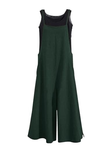 YESNO Women Casual Loose Long Bib Pants Wide Leg Jumpsuits Baggy Cotton Rompers Overalls with Pockets (2XL PZZTYP2 Blackish Green) - Image 1