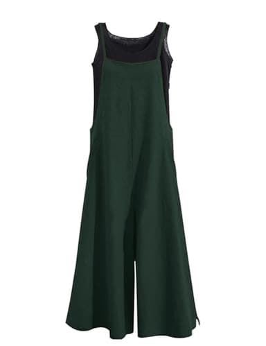 YESNO Women Casual Loose Long Bib Pants Wide Leg Jumpsuits Baggy Cotton Rompers Overalls with Pockets (2XL PZZTYP2 Blackish Green) - Image 1