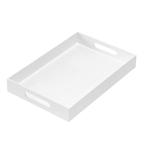 MUKEEN Glossy White Sturdy Acrylic Serving Tray with Handles 10x15x2H Inches -Spill Proof- Decorative Trays Countertop Organizer for Ottoman Coffee Table Nightstand, sidetable, Breakfast, Tea, Food - Image 1