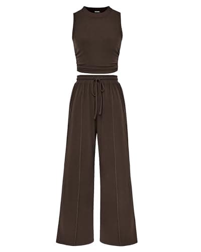 BTFBM Women Summer 2 Piece Outfits 2025 Beach Crew Neck Sleeveless Cropped Top Elastic Waist Wide Leg Pants Lounge Set(Coffee, Medium) - Image 1