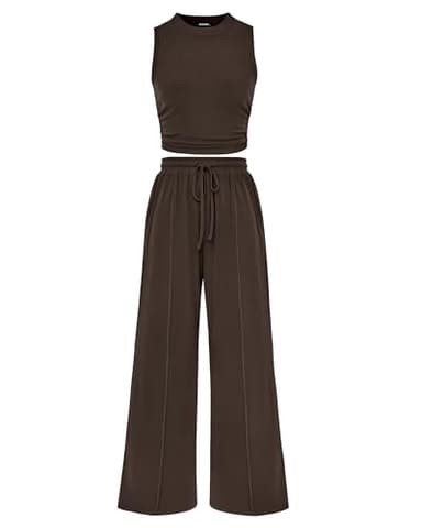 BTFBM Women Summer 2 Piece Outfits 2025 Beach Crew Neck Sleeveless Cropped Top Elastic Waist Wide Leg Pants Lounge Set(Coffee, Medium) - Image 1