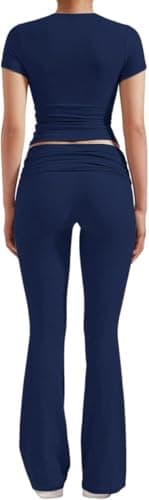 ZFLM Casual Workout Two Piece Outfits for Women Short Sleeve Crop High Waist Foldover Flare Pants Tracksuit Sets Streetwear - Image 4