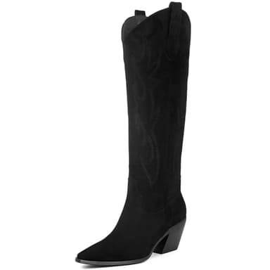 iiimmu Cowboy Boots for Women Black Knee High Pointed Toe and Chunky Heel Suede Western Boots with Embroidered, Size 5.5 - Image 1