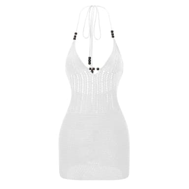 Women Crochet Halter Mini Dress Beach Cover Up White S - Image 3