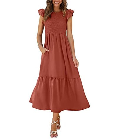 OFEEFAN Casual Dresses for Women Summer Maxi Dresses Ruffle Dress Cotton Dress Rust M - Image 1