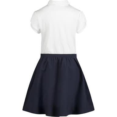 IZOD Girls' School Uniform Short Sleeve Polo Dress with Poplin Skirt & Pockets, White/Navy, 7 - Image 2