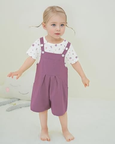 ZOEREA Toddler Girl Clothes, 2Pcs Baby Girl Outfits Spring/Summer Stripe/Floral T-Shirt+Bib Overall Shorts Clothing Set 1-5T (Purple A,12-18 Months) - Image 2