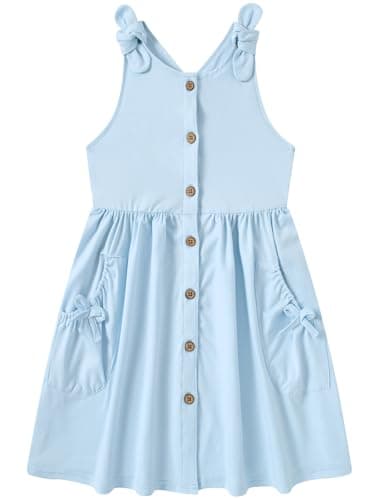 Vieille 5T Dresses for Girls 5-6 Years Blue Button Down Sundresses Size 5 6 Sleeveless Dress with Pockets - Image 4