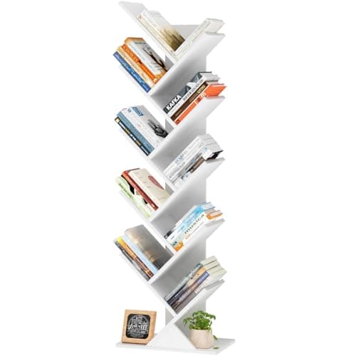 SHEEPAM 10 Tier Tree Book Shelf, Floor Standing Wood Bookshelf for Narrow Space, Storage Organizer Bookshelves for Books/CDs/Magazine, Bookcase with Shelves for Home Office, Living Room - White - Image 1