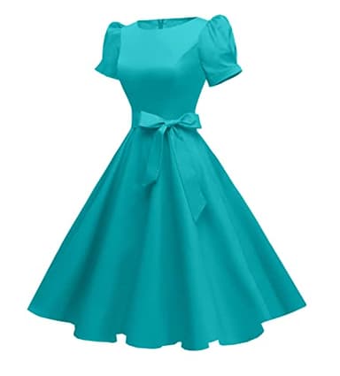 tagunop Women's Boatneck Vintage 1950s Cocktail Party Dress with Puff Sleeves Turquoise L - Image 3