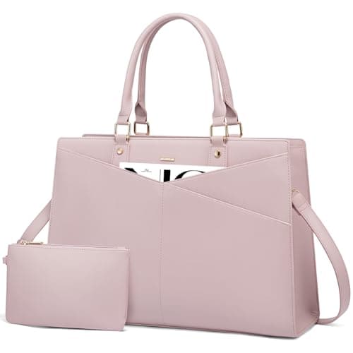 LOVEVOOK Laptop Tote Bag for Women, Leather Business Office Work Bag Computer Briefcase with Small Clutch fit for 15.6 Inch Laptop Pink - Image 1