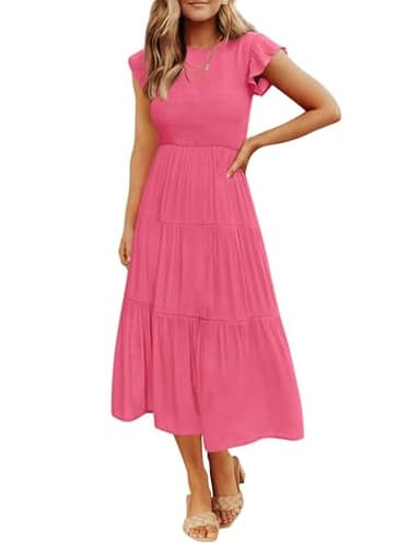 ZESICA Women's 2025 Summer Casual Flutter Short Sleeve Crew Neck Smocked Elastic Waist Tiered Midi Dress,Hot Pink,Small - Image 1