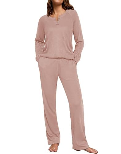 Ekouaer Waffle Knit Pajamas for Women Set Long Sleeve Pants Pj Henley Tops Lounge Sets Comfy Sleepwear with Pockets Mauve M - Image 1